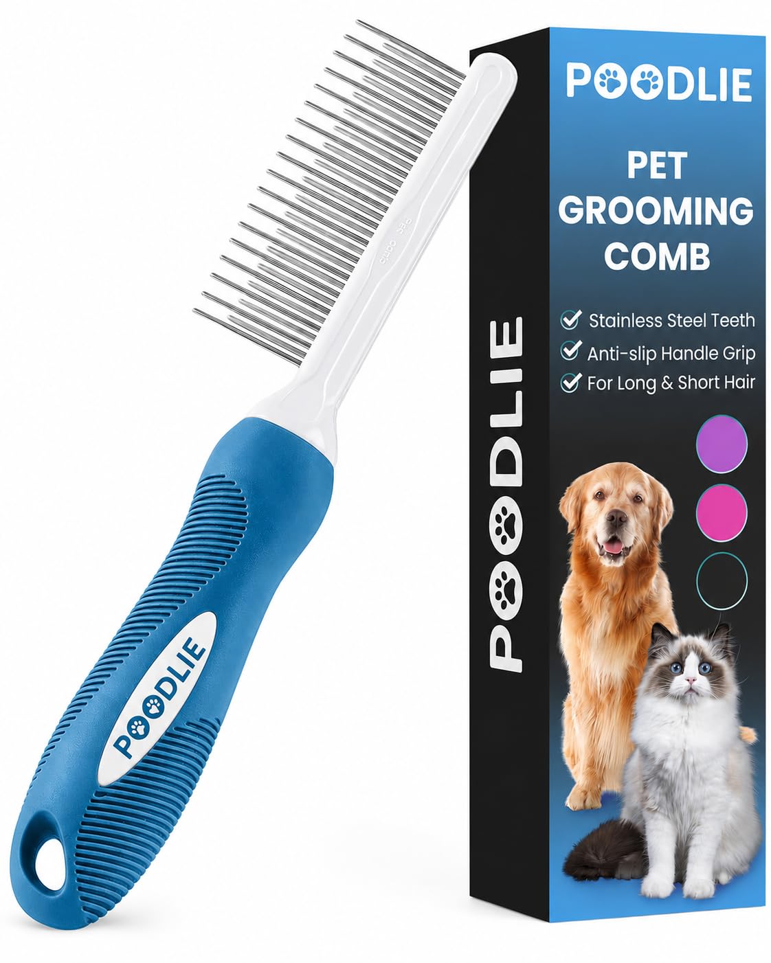 Pudel-Fellstriegel mit langen und kurzen Edelstahlzzinken zum Entfernen von Knoten und Verfilzungen, sicher und sanft für Hunde und Katzen