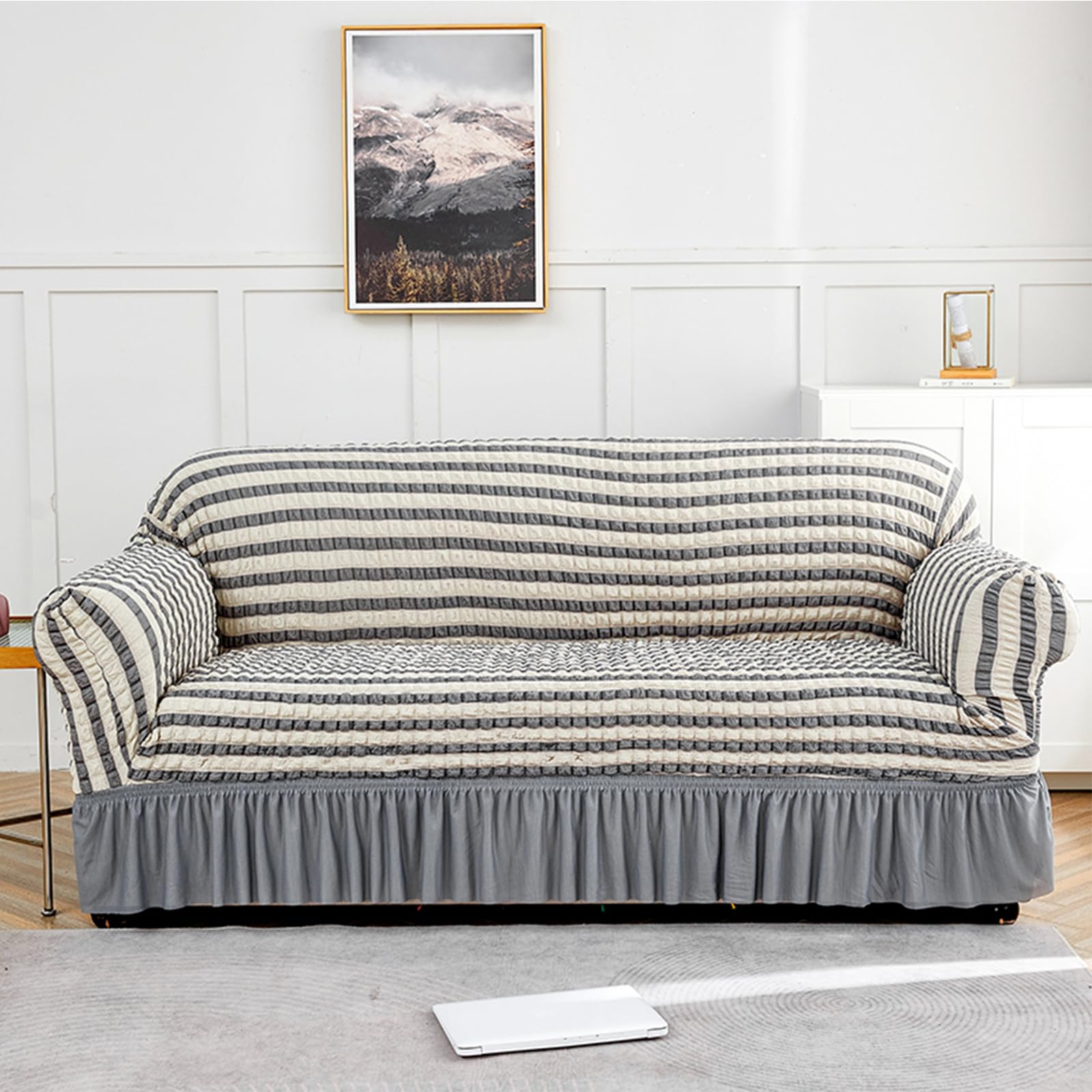 Housse de canapé avec jupe extensible seersucker 3 places pour relooker un salon