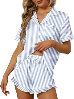SAPJON Women's Satin Silk Pajama Set 2-Piece: Ruffle Bow Shorts, Notch Collar Short Sleeve PJs Loungewear Sleepwear