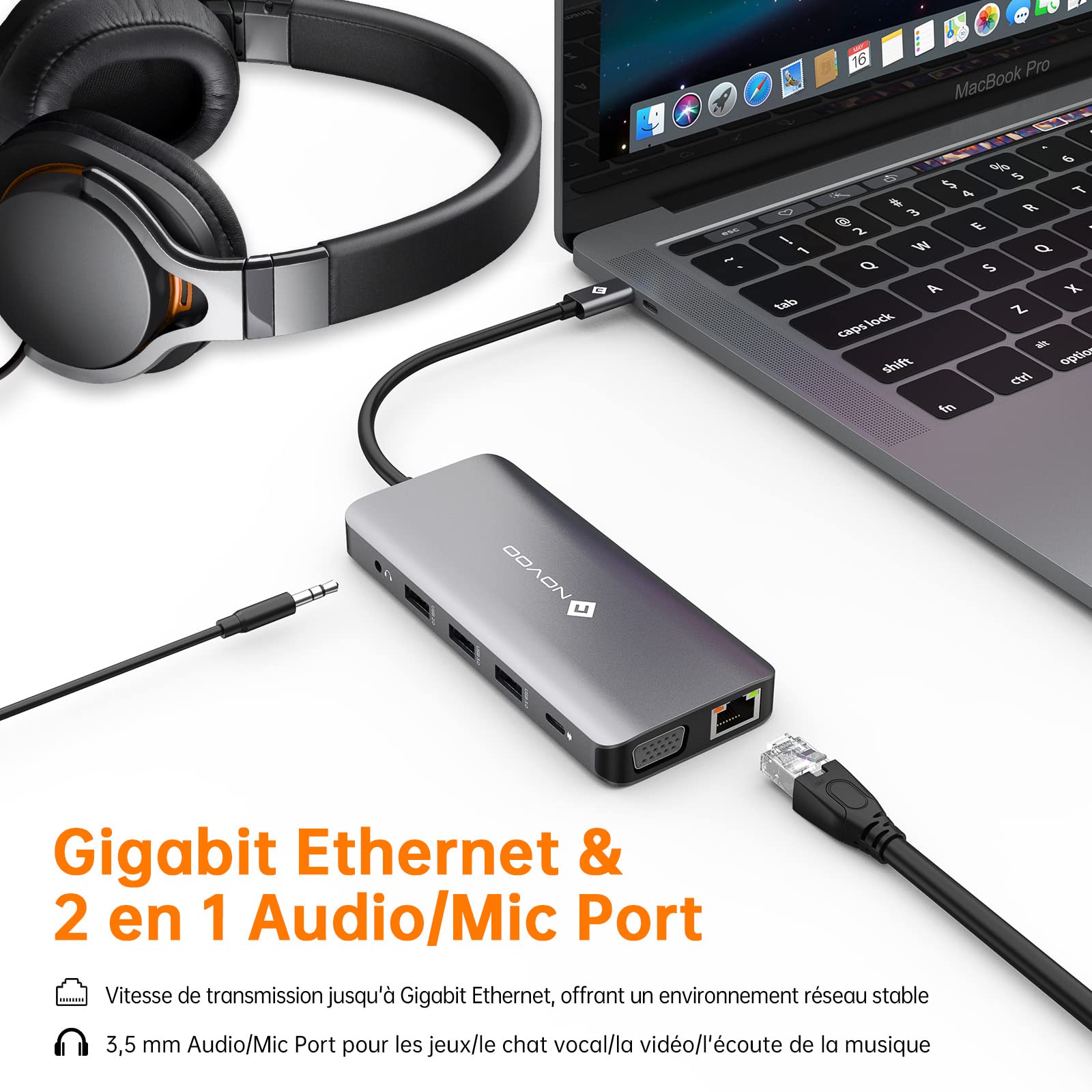 NOVOO Wieloportowa stacja dokująca 12 w 1, hub USB C na podwójny HDMI, USB x 4, PD 100 W, Ethernet RJ45, czytnik kart SD/TF, stacja dokująca do MacBooka Air Pro HP Dell XPS