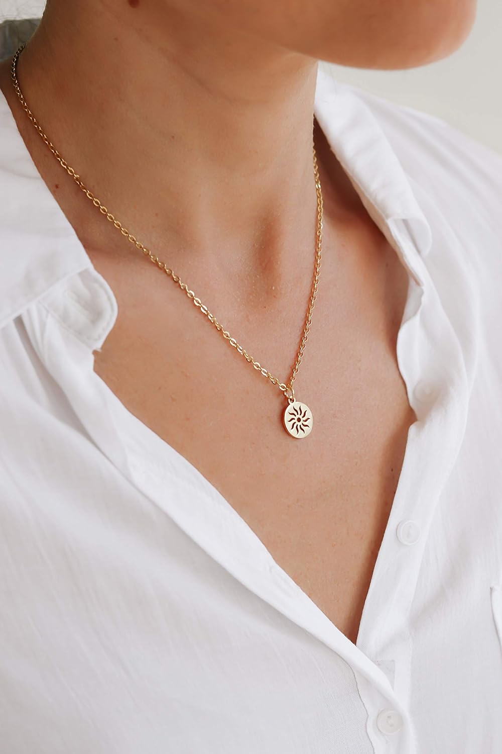 Gold sun necklace with sunshine disc medallion pendant, stainless steel chain layering celestial necklace, birthday gift for her, minimalist dainty jewelry,