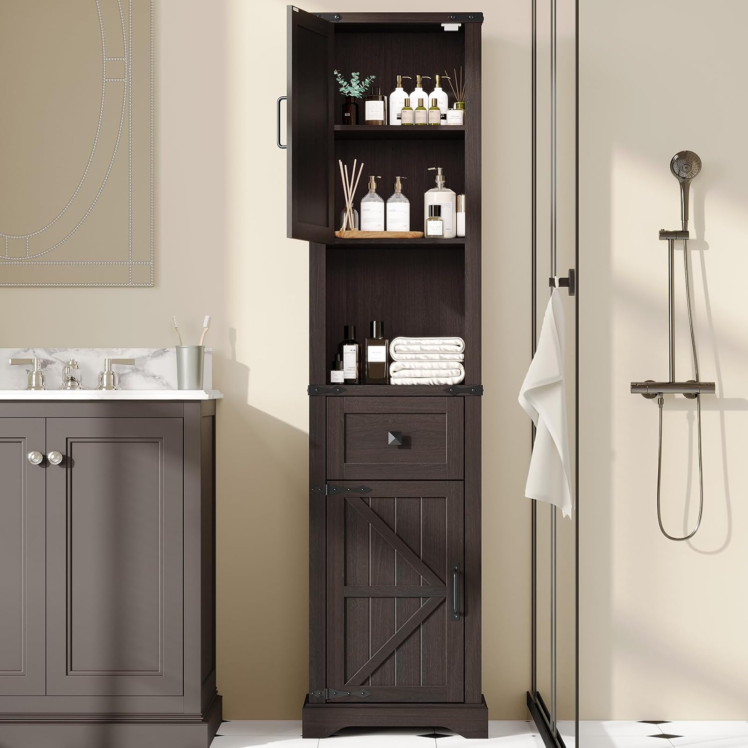 66" Tall Farmhouse Bathroom Storage Cabinet with Barn Doors and Drawer, Narrow Storage Unit, Adjustable Shelves & 5-Tier Space, Freestanding Cabinet for Bathroom, Entryway, Kitchen, Espresso