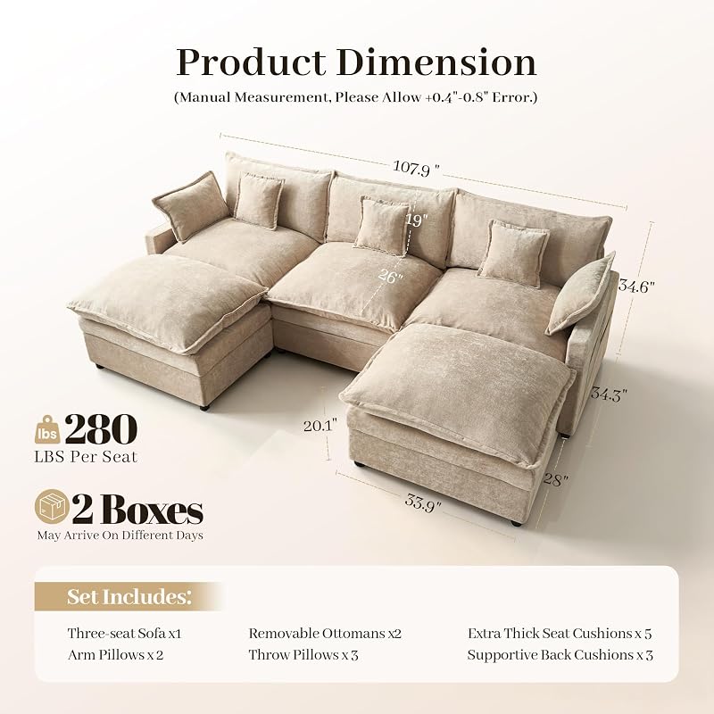 108" U Shaped Cloud Couch Modular Sectional Sofa with Movable Ottomans image 2