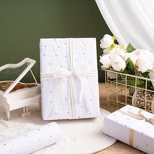Miniatura 3 de RUSPEPA Rollo de papel de regalo blanco, mini rollo, flor con diseño de puntos dorados, perfecto para bodas, cumpleaños, aniversarios, despedidas de