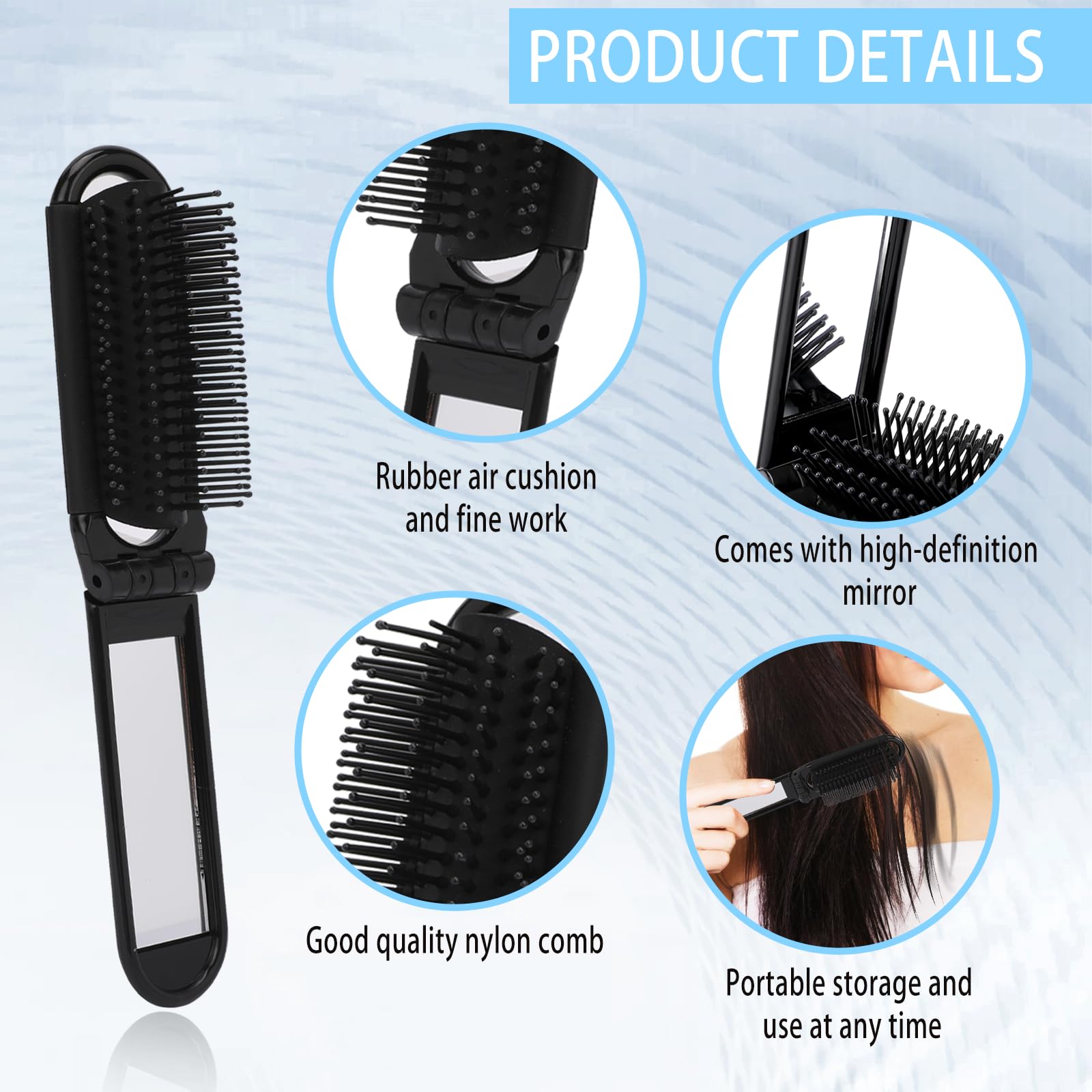 Travel Folding Hair Brush With Mirror, 2 Pack Small Foldable Pocket Size Comb, Mini Massage Styling Tools - Image 3