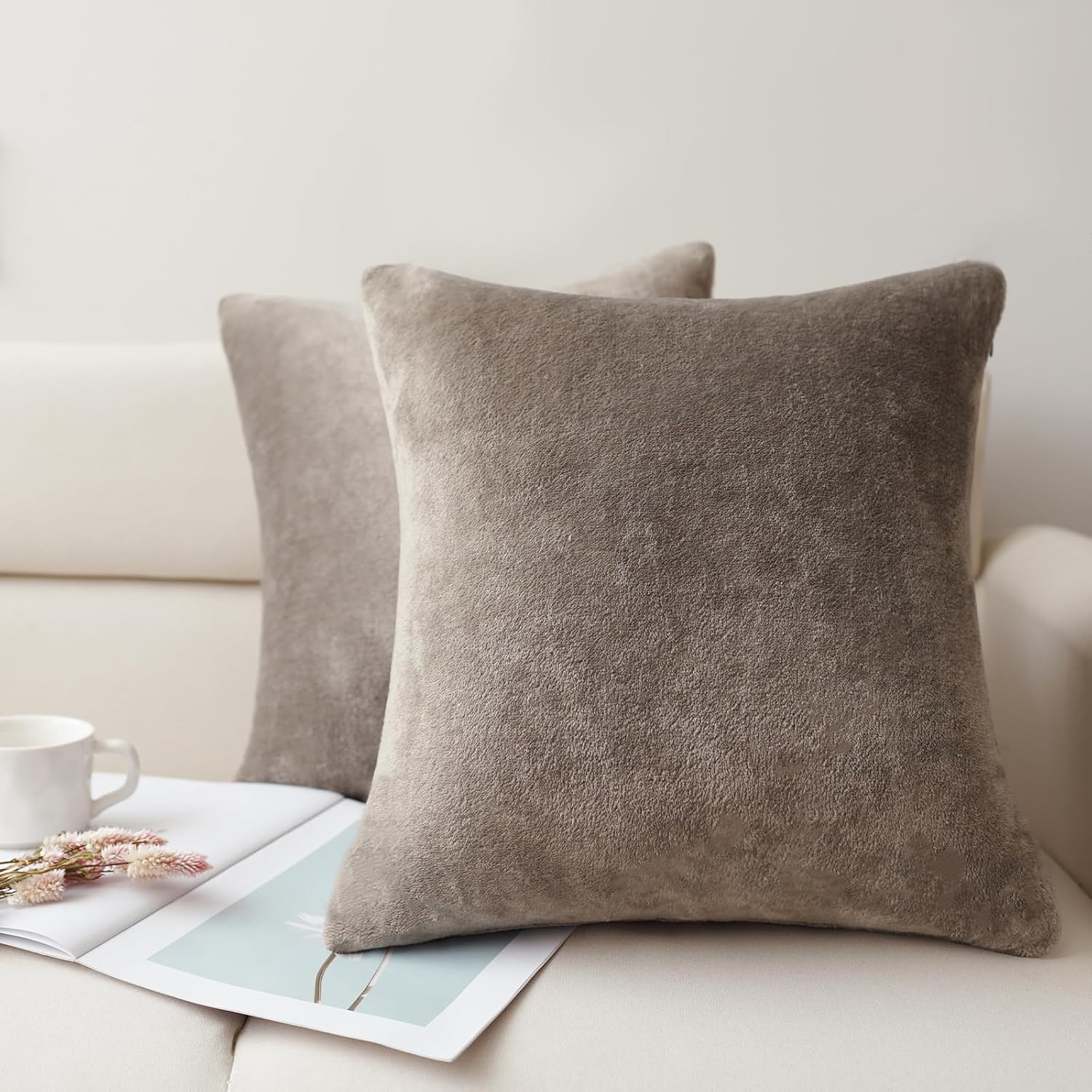 Flannel Throw Pillow Covers 20x20 inches Set of 2,Ultra Soft Cozy Pillow, Decorative Spring Pillow Covers for Sofa, Couch, Living Room,Taupe 20" x 20" (Pack of 2) Taupe