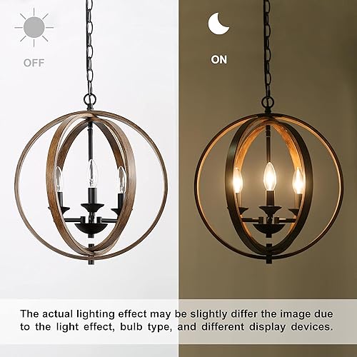 Miniatura 7 de LOG BARN Candelabros de granja, globo de madera falsa colgante de 3 luces para comedor y sala de estar, dormitorio, vestíbulo y entrada