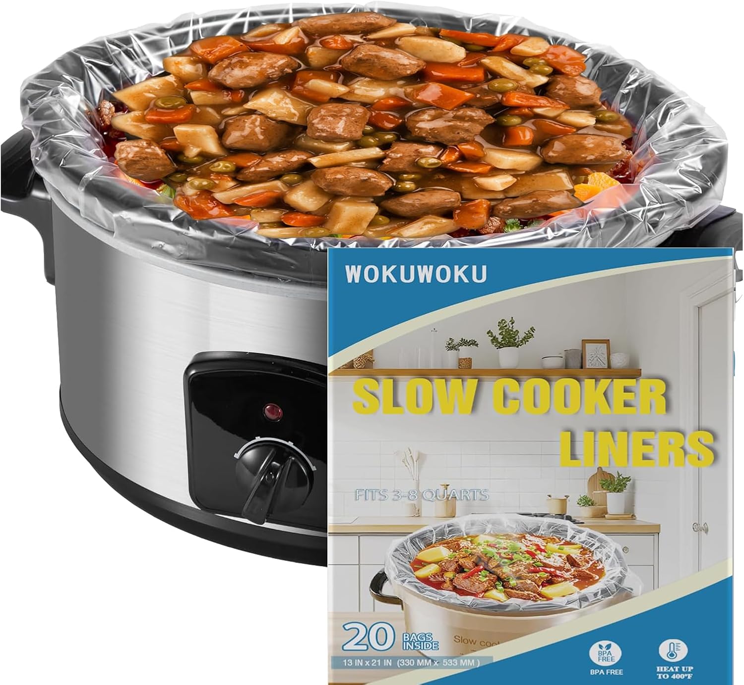 Slow Cooker Liners, 20 Count Cooking Bags Large Size Disposable Pot Liners Plastic Bags, Fit 3QT to 8QT for Slow Cooker Cooking Trays, 13"x 21" (20)