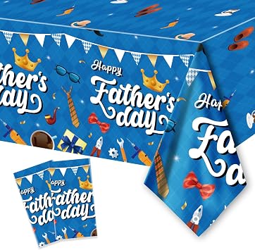 2PCS Fathers Day Tablecloth Disposable - 108" 54", Happy Fathers Day Table Cloth Best Dad Ever Necktie Gift Box Suit Tablecover Plastic Rectangle Table Cover for Dinner Party Decor