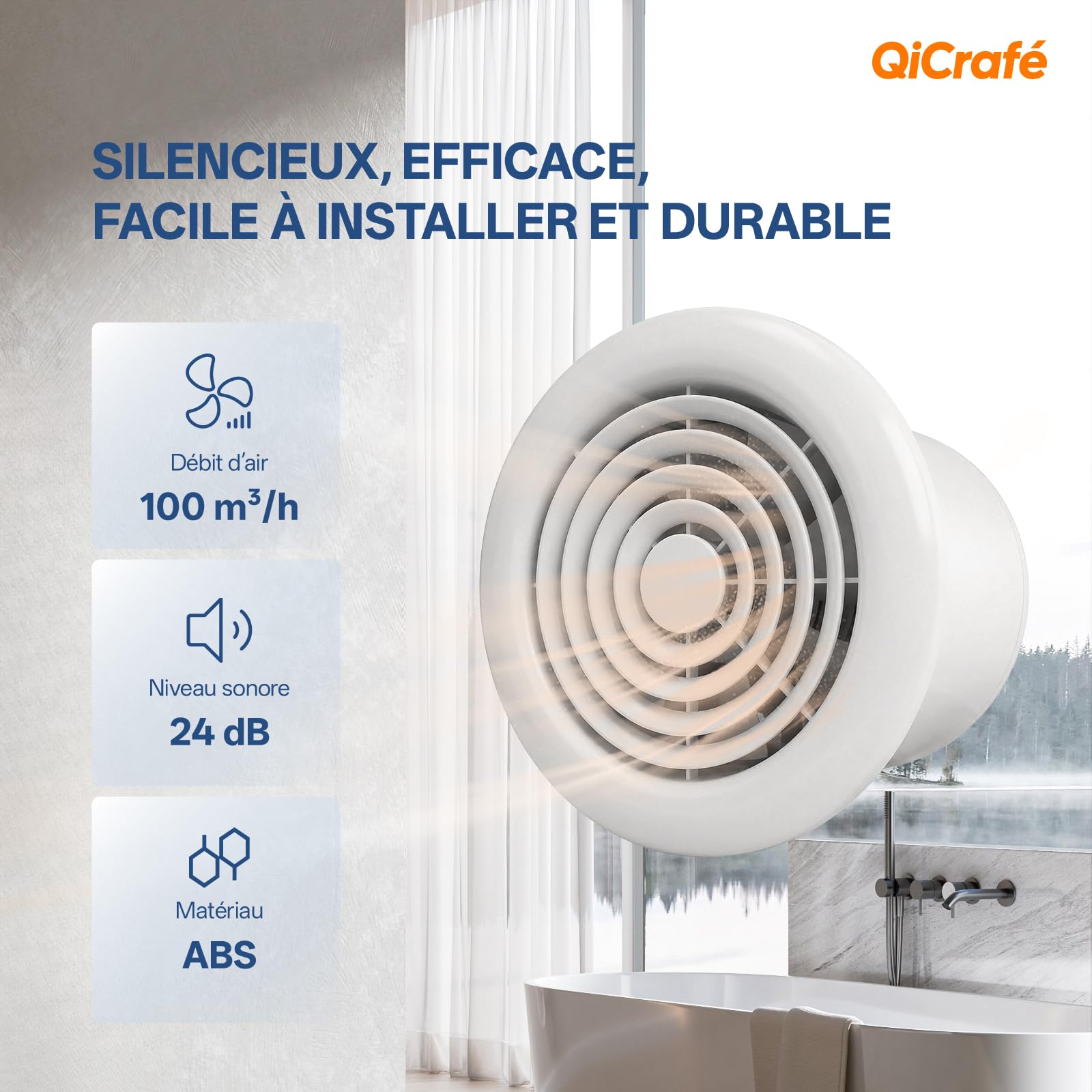 Extracteur d‘Air Silencieux 24dB, Ventilateur Salle de Bain 100mm, Double Roulement à Billes, IPX4 Étanche, Prise EU, Débit 100m³/h, Ventilation Efficace pour Cuisine, WC, Cave et Buanderie