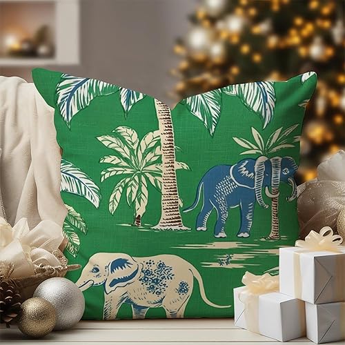 MangGou Funda de almohada verde con elefante y burro chinoiserie verde árbol y animales, almohadas estilo chinoiserie, decoración del hogar, funda