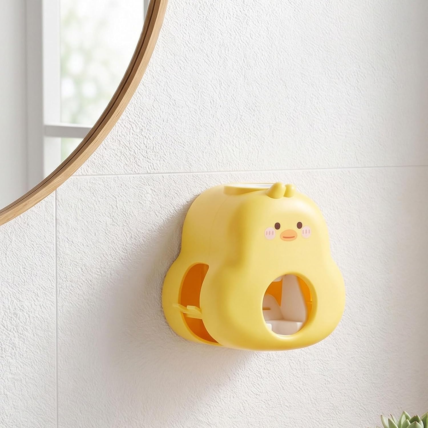 Artibetter Wall Mounted Toothpaste Dispenser with Toothbrush Holder - One‑Hand Self‑Dispensing Toothpaste Device - Cartoon Duck Bathroom Organizer - Daily Home Use
