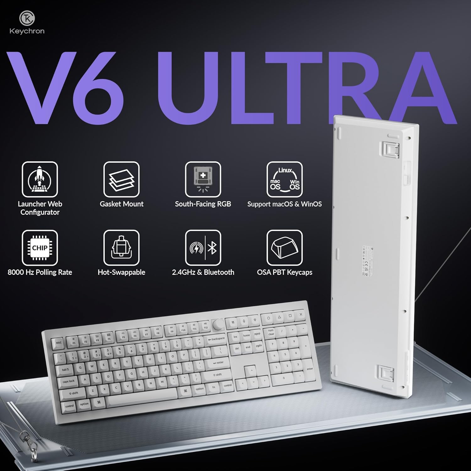 Keychron V6 Ultra 8K Full Size Wireless Mechanical Keyboard, 8000Hz, Hot-Swappable Brown Switch, RGB Backlight, PBT Keycaps, 2.4GHz/Bluetooth/Wired, ZMK/Web Launcher, for Windows macOS Linux – White