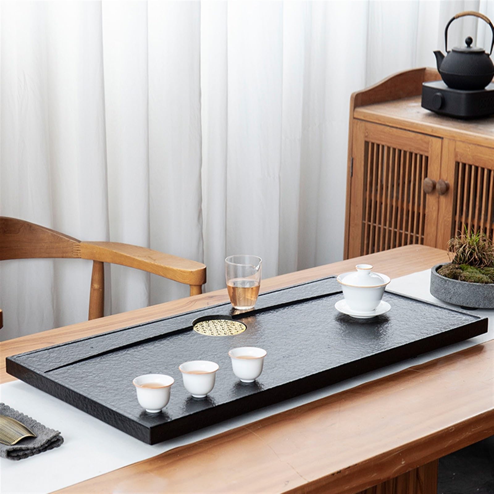 Bandeja de té Sencilla, Juego de té, Bandeja de té de ebonita Natural, Mesa de té de Piedra China Simple para el hogar (70 x 35 x 3 cm)