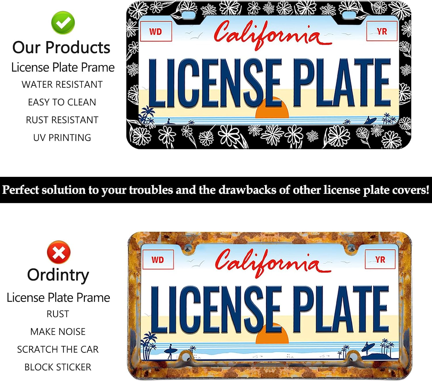 HCSS Black and White Daisies License Plate Frame 2 Holes Cute Aluminum Metal License Plate Holder for Women Men Rust-Proof Waterproof Car Decorative Tag Frames for Standard US 12x6 Inch image 4