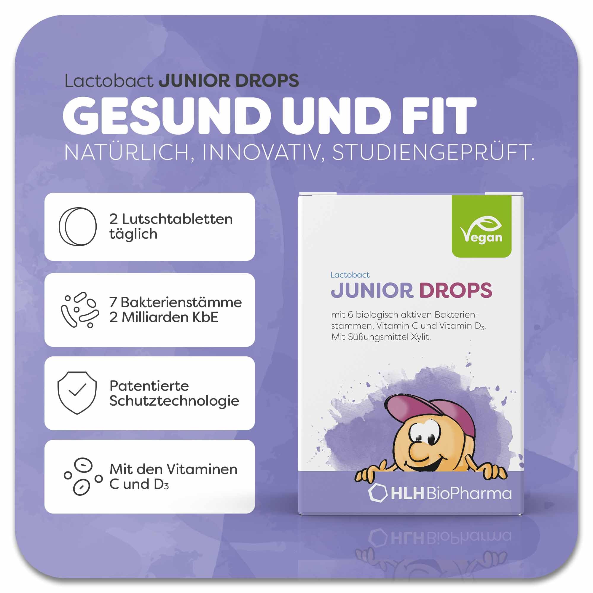 Lactobact JUNIOR DROPS, 2 x 60 Stk. Sparset – Bakterienkultur-Komplex mit 7 altersgerecht abgestimmten, biologisch aktiven Bakterienstämmen + Vitamin C & D3 und Xylit. Ab 3 Jahren