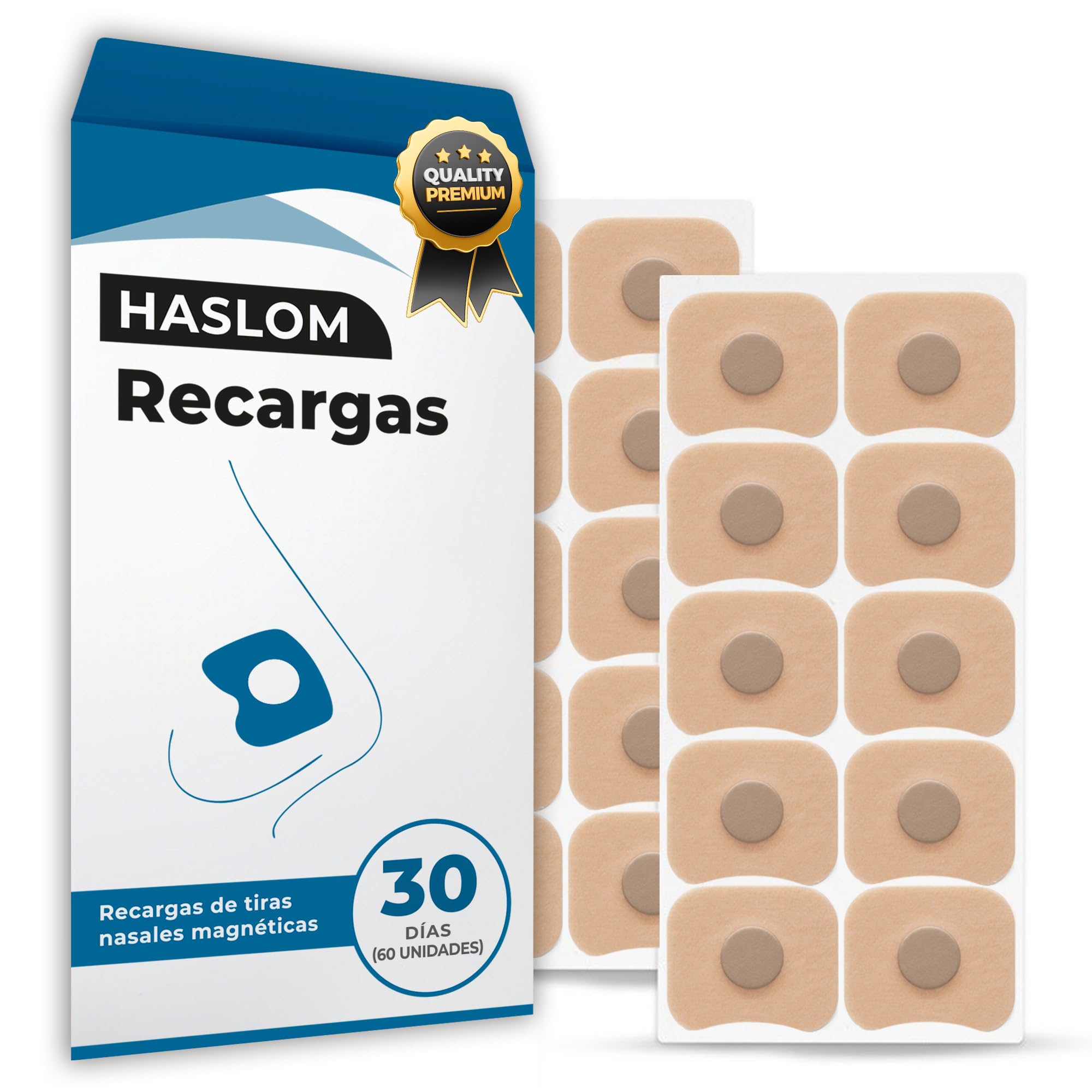 Recambios Tiras Nasales Magnéticas - HASLOM - Pegatinas Adhesivas Extra Fuertes Resistentes Sudor Agua Imantadas Antironquidos Deporte Dormir - Pack 60 Parches 30 Días