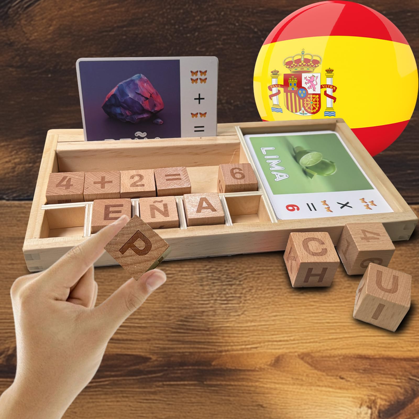 KILOGOGRAPH Word Spelling Games for Kids - Math Spanish Word Games with Flash Cards Wooden Dice Puzzle Tray, Montessori ABC Learning Travel Toys for Toddlers, Kindergarten Board Activity (Spanish)