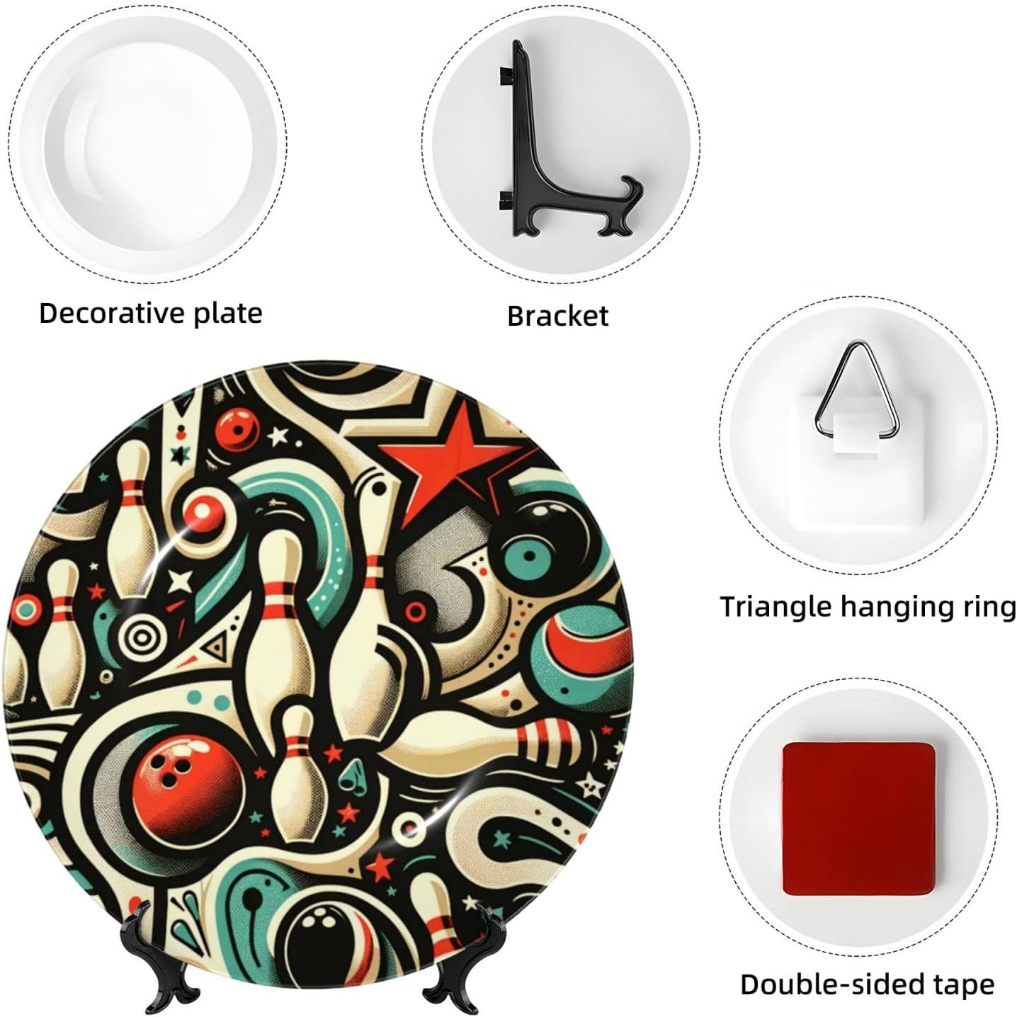 Bowling-Doodle-Pattern 10 Inch Decorative Plate With Stand, Elegant Display Wall Plate For Home Decor