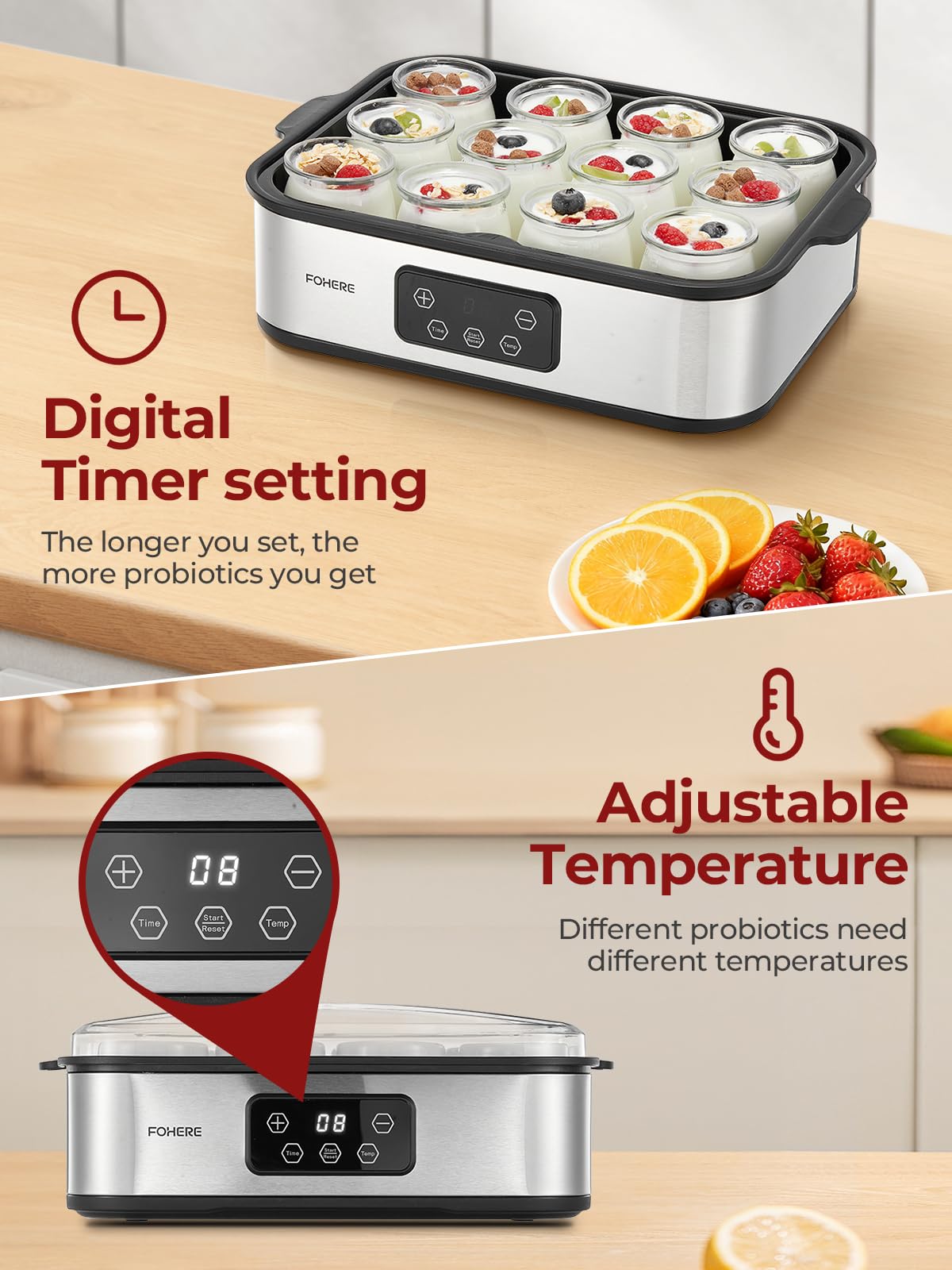FOHERE Yogurtiera Elettrica con LCD Display, 12 Vasetti da 180 ml in Vetro, Timer 48 Ore e Controllo Costante Della Temperatura, BPA Free, Yogurt Greco, Ideale per Yogurt Fatti In Casa