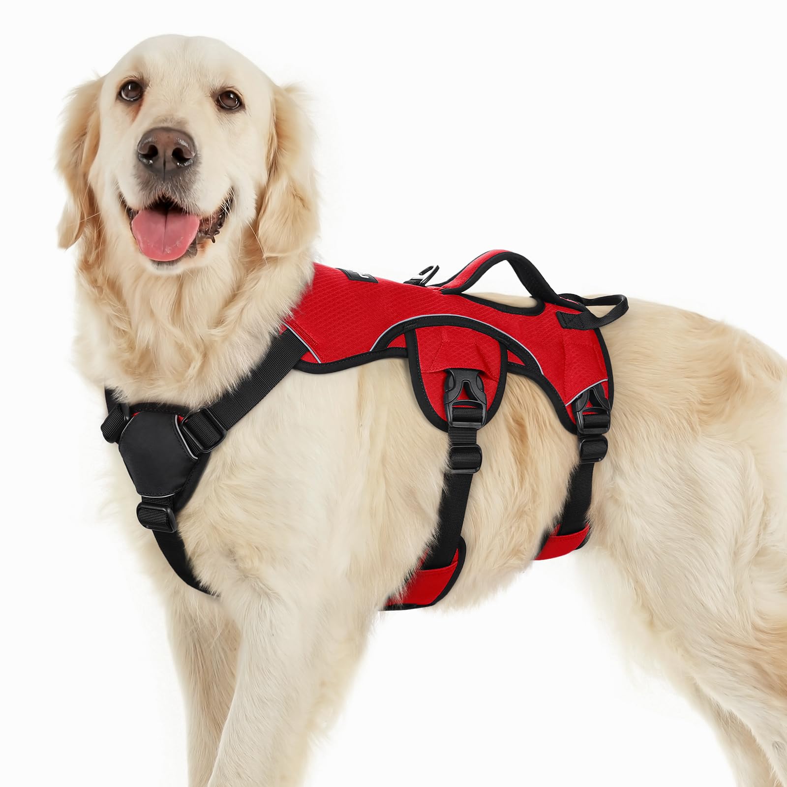 rabbitgoo Escape Proof Dog Harness, Soft Padded Full Body Pet Harness, Reflective Adjustable No Pull Vest with Lift Handle and Leash Clip for Large Dogs Walking Hiking Training, L, Red