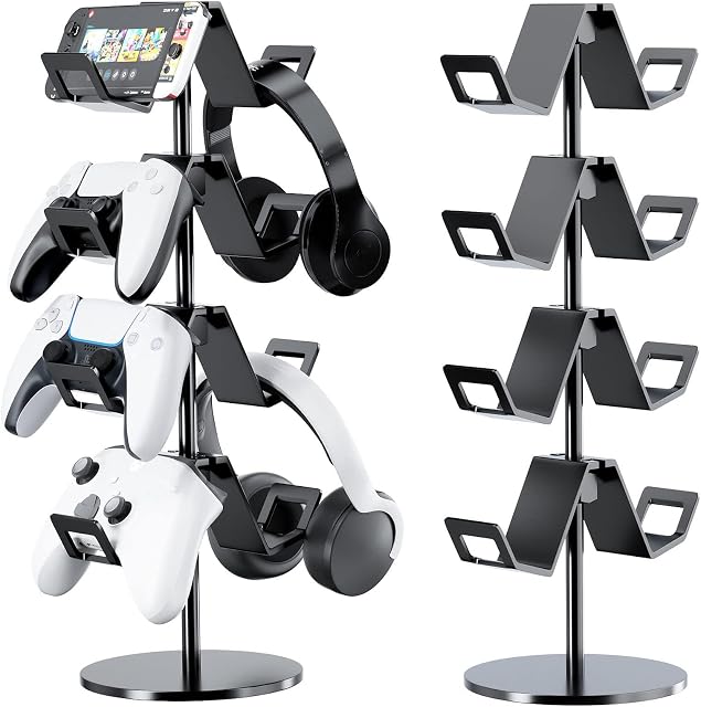 Controller Holder 4 Tier,Headphone Stand for Xbox PS5 PS4 | Classical "W" shape,Adjustable,Gamepads and headset storage,For Gamer,Black,Stable,Gaming gift