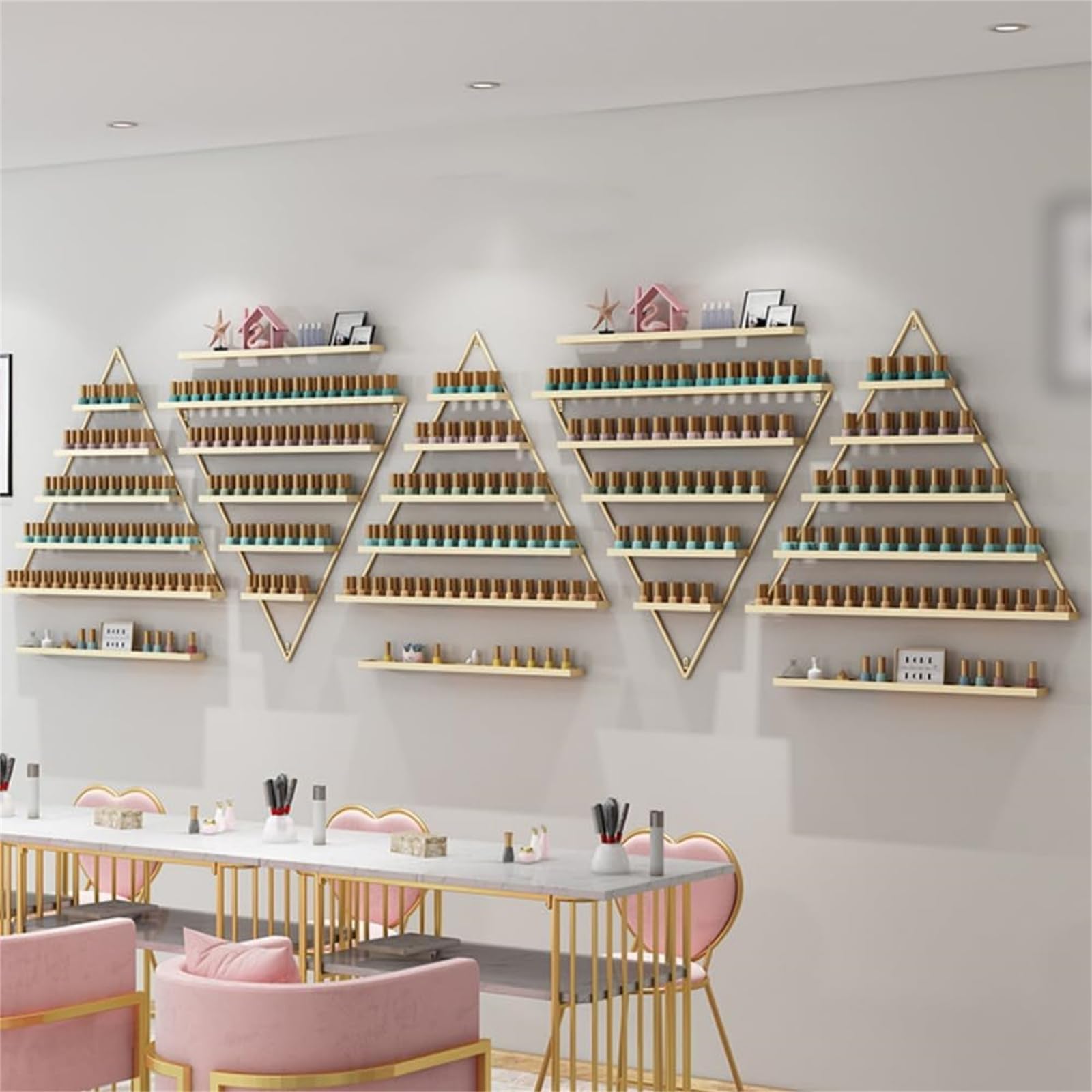 5 Set di 5 scaffali per smalto a triangoli in metallo, organizer da parete con 5 livelli, scaffale per smalto per unghie, profumo, rossetto, oli essenziali, oro