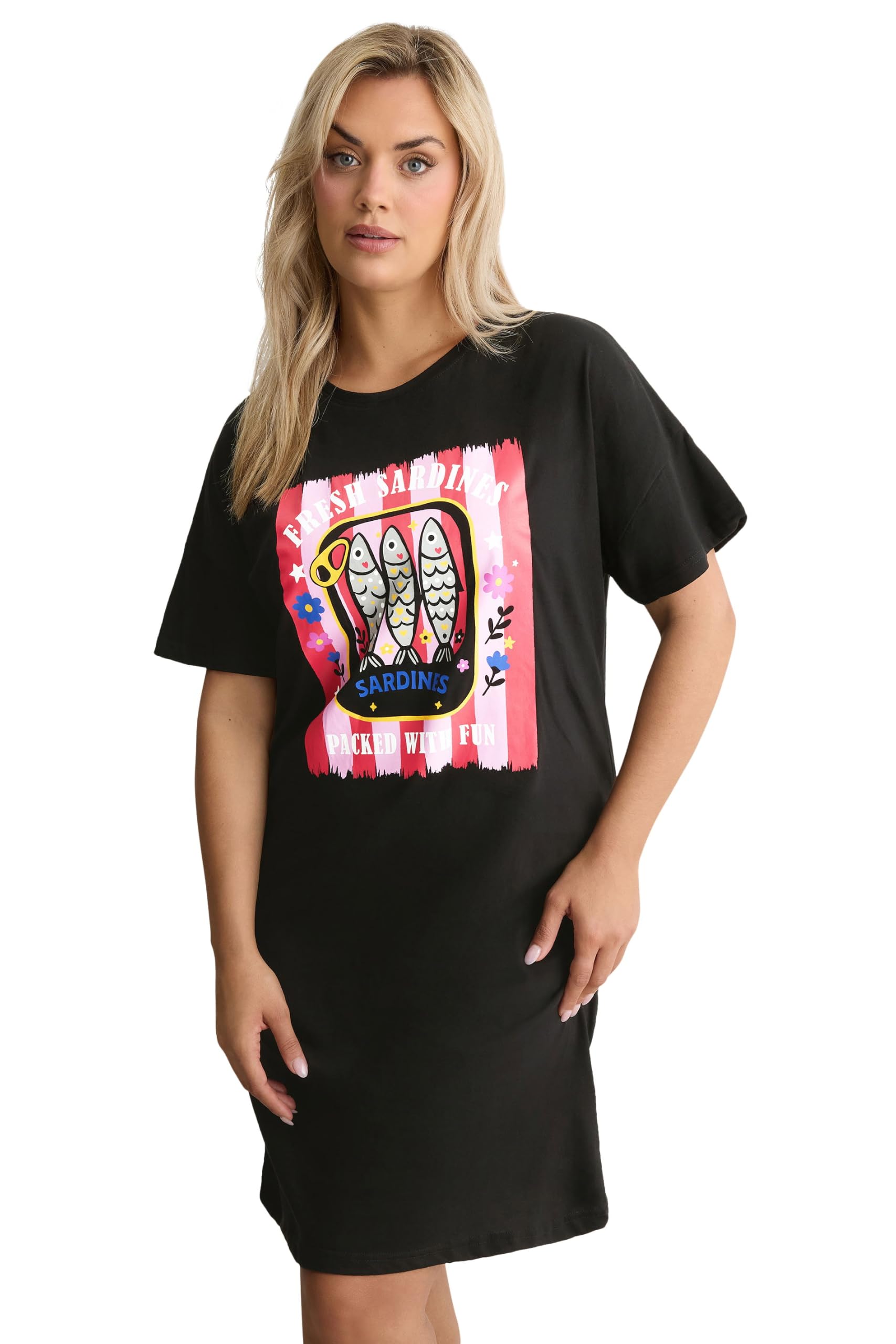 Yours Women's Black 'Fresh Sardines' Sleep T-Shirt Nightdress In | : 22/24