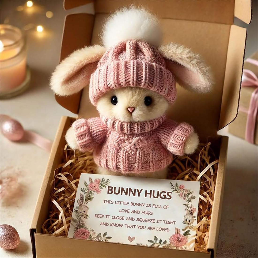Mini Bunny Hug Cute Easter Gift, Mini Bunny Hug in Box, Emotional Support Positive Crochet Bunny with Inspirational Card, Handmade Plush Pocket Hug Rabbit Doll for Kids Family Friend (1PC-Pink)