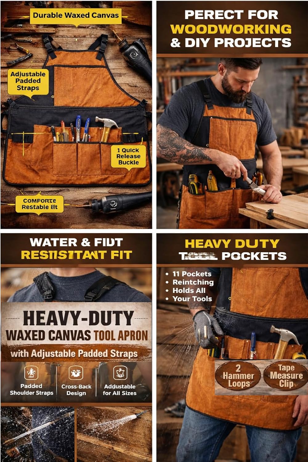 DarkRabbit 11 Pocket Heavy Duty Woodworking Apron | Multi-Utility Work Apron for Electricians, Carpenters Men and Women | Durable Waxed Brown Canvas & Comfortable Fit