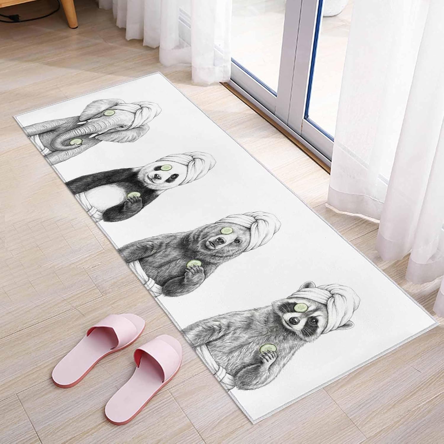 Teamery Kitchen Mats for Floor Funny Animal SPA Sketch Art Washable Non Slip Kitchen Rugs 1PCS, Bear Panda Elephant Raccoon Absorbent Standing Mats for Sink Bathroom Office Living Room 23.6x70.9in