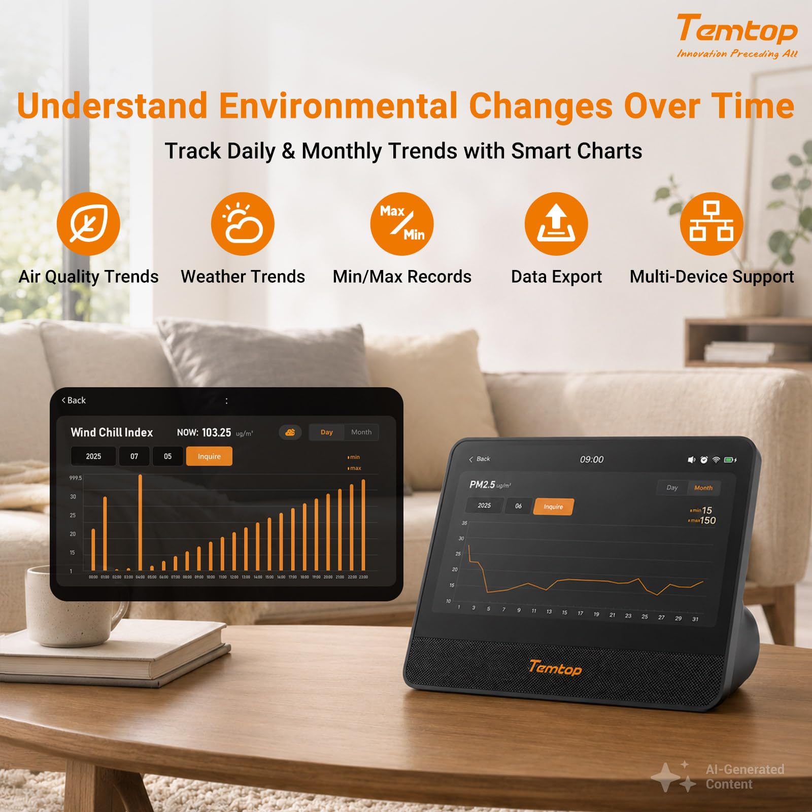 Temtop Stazione Meteo WiFi Interno/Esterno 7" Touchscreen W100, Monitor Qualità dell'Aria PM2,5 PM10 CO2 TVOC, Pluviometro, Velocità e Direzione del Vento, UV, Previsioni AQI