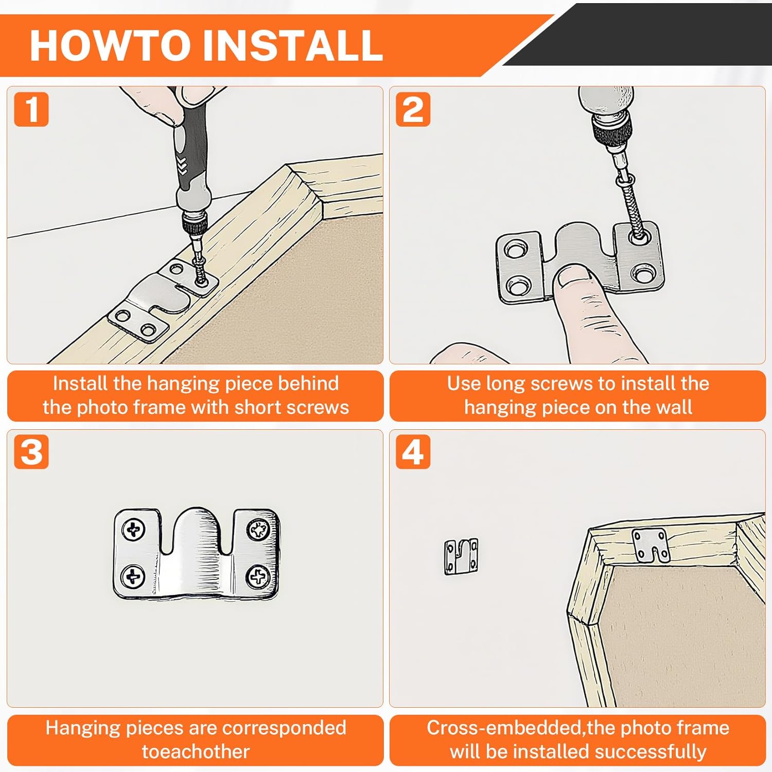 4 Pairs Flush Mount Bracket, Interlocking Hanging Buckle with Screws 4 Sets, Stainless Steel Picture Hanging Hardware, Furniture Connector and Couch/Headboard/Art Gallery Wall Mounting Connectors