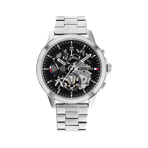 Tommy Hilfiger Relógio automático masculino – Aço inoxidável, resistente à água de 5 ATM, relógio moderno e elegante, presente para ele, 43 mm, Prata - Preto, Vestido