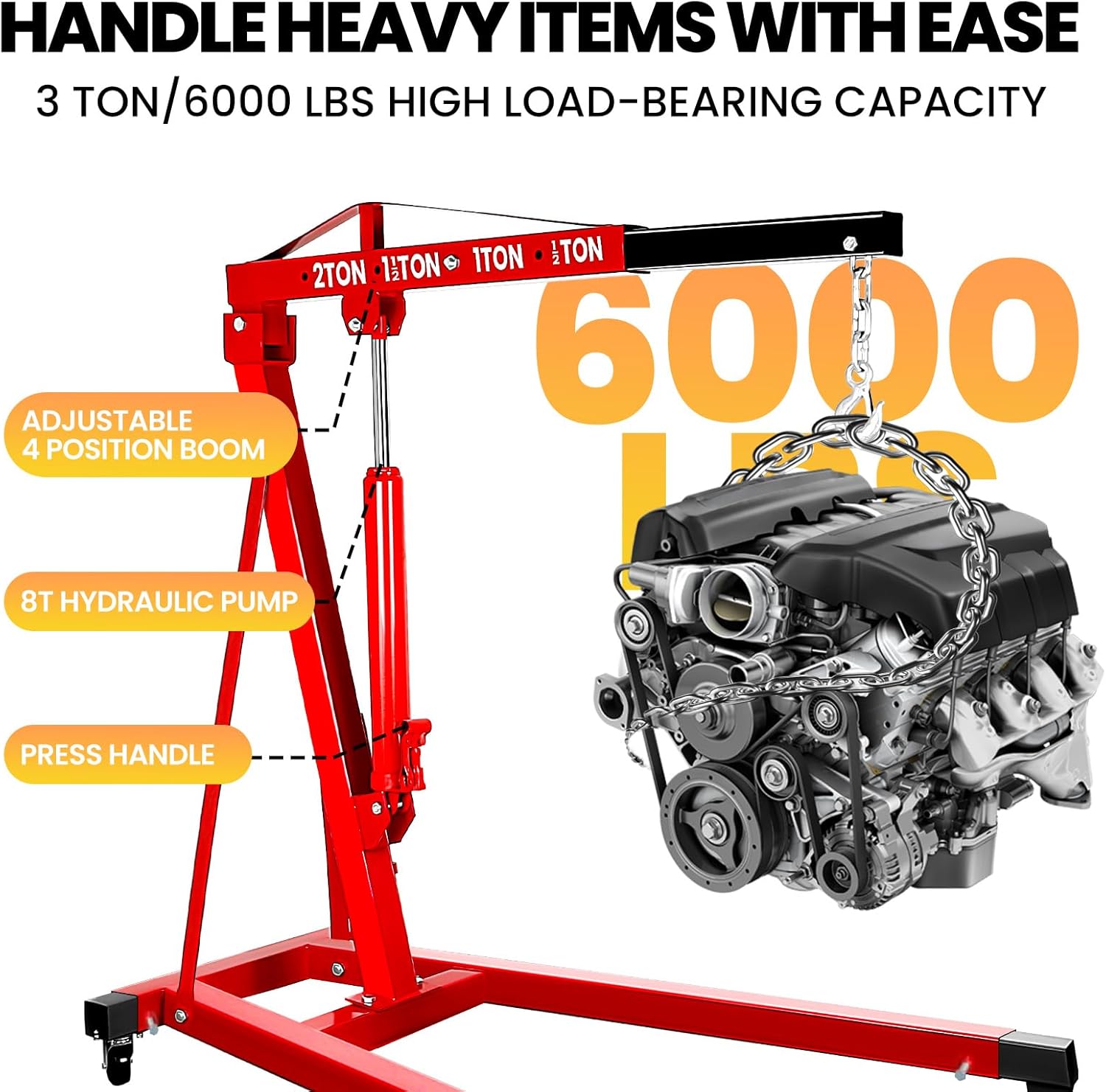 3Ton Engine Hoist Cherry Picker with 8 Ton Hydraulic Pump-6000 lb Heavy Duty Engine Lift Crane 60.6x37x56.2,Non-Folding with 4 Swivel Wheels-for Mechanics and Home Users (2 Ton Red)