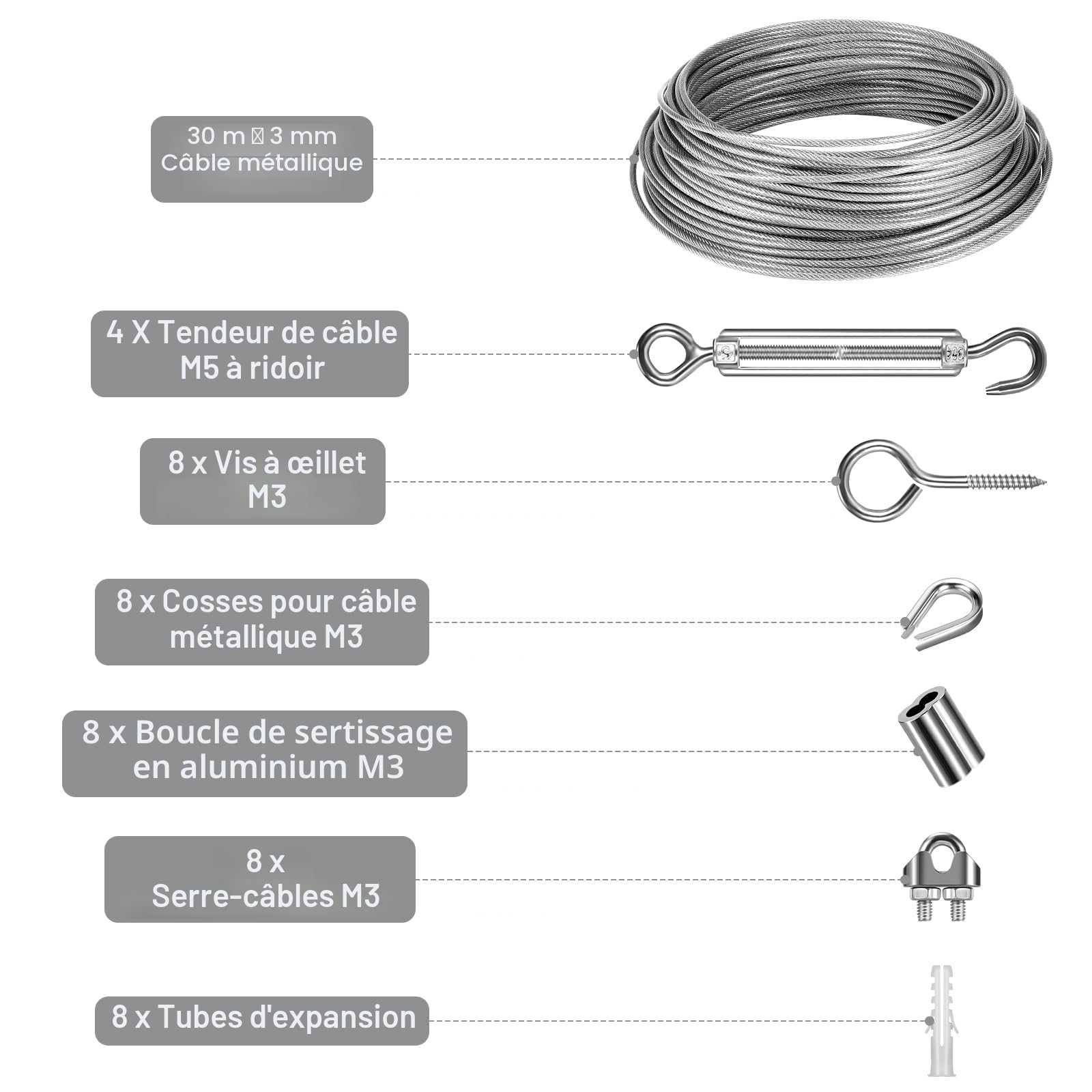 Kit de Suspension 30m en Acier Inoxydable - Câble 3mm Enduit de PVC Avec Tendeur M5 et Crochets - Pour Linge, Lumière, Plante Grimpante, Rambarde