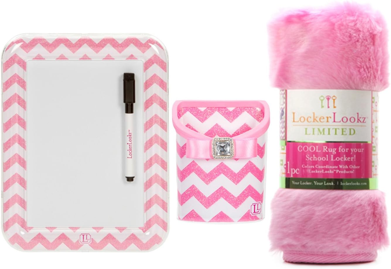 Locker Lookz Dry Erase Board with Marker, Rug & Storage Bin Set - 2015 Limited Edition (Set of 3) (Pink Chevron)