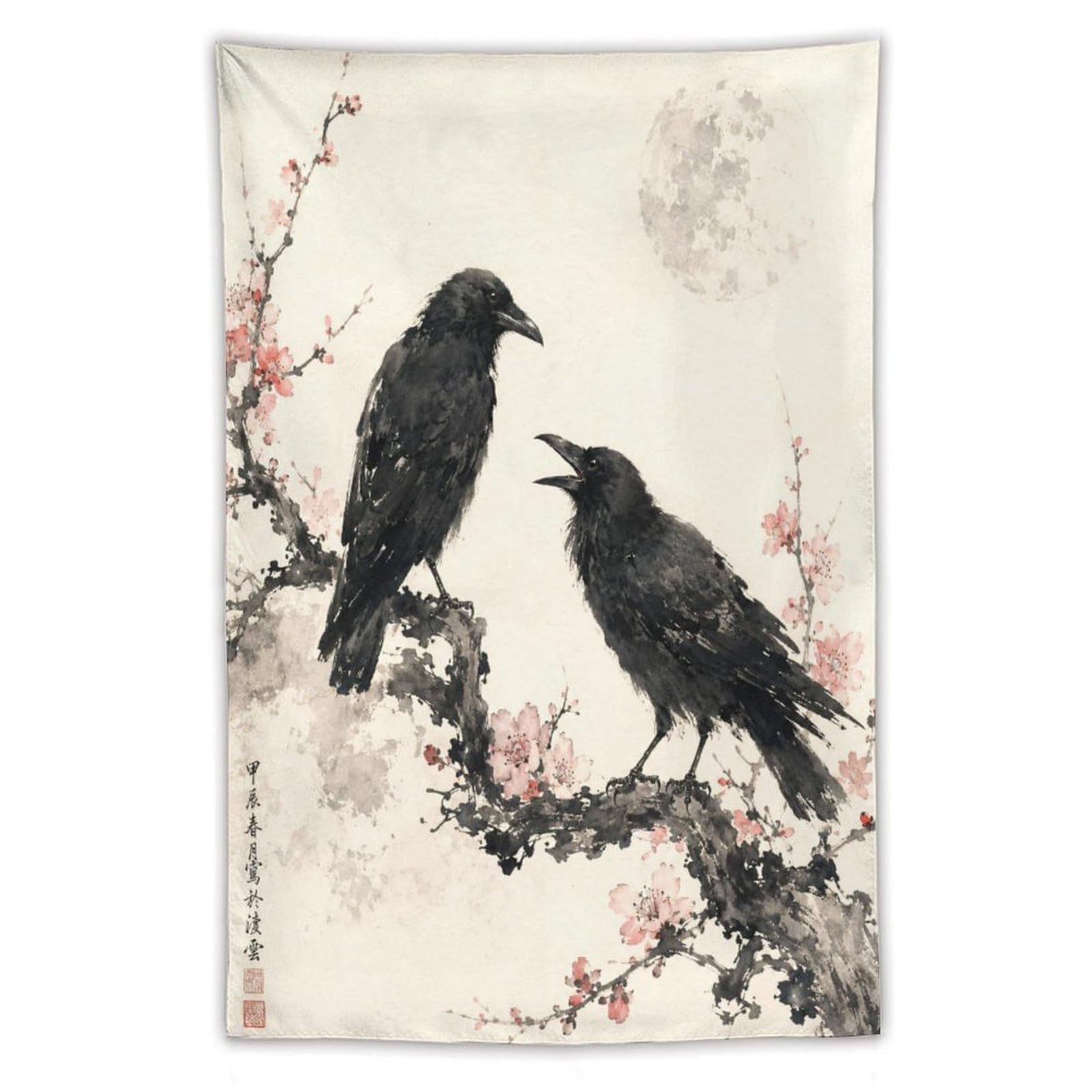 H3B8U2Y5 Raven Pair with Moon Wall Tapestry, Ukiyo-e Style, Entryway