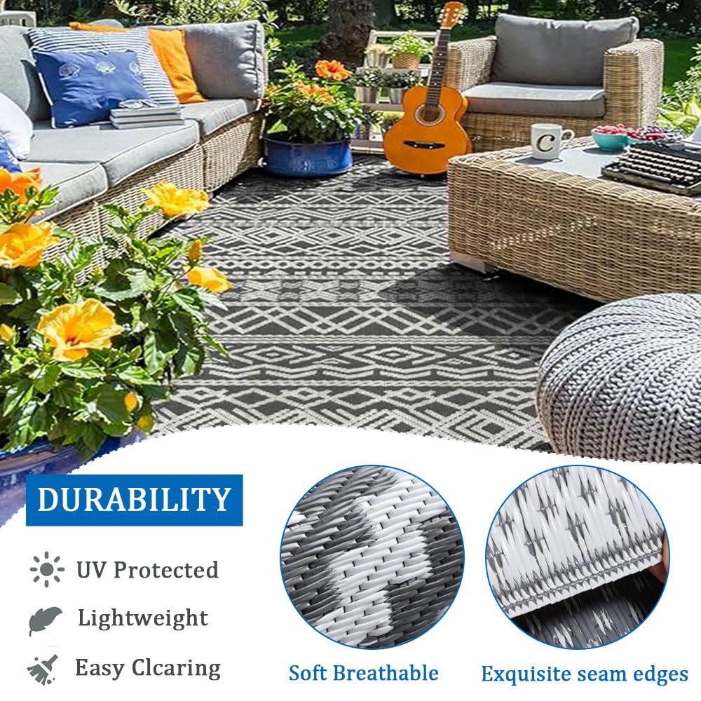 Tappeto da Esterno Impermeabile Pieghevole Reversibile Lavabile Giardino Patio Campeggio Balcone 183x274cm Beige Nero