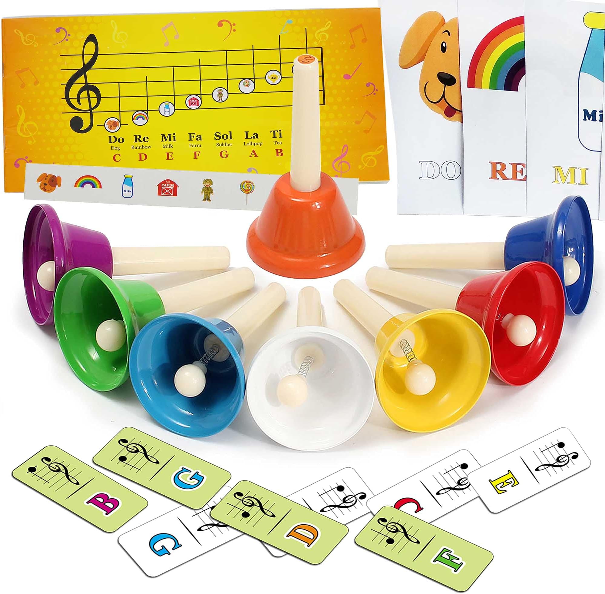 8 Diatonic Color-Coded Hand Bells with Sheet Music Book, Stickers, Musical Dominoes for Children, Adult