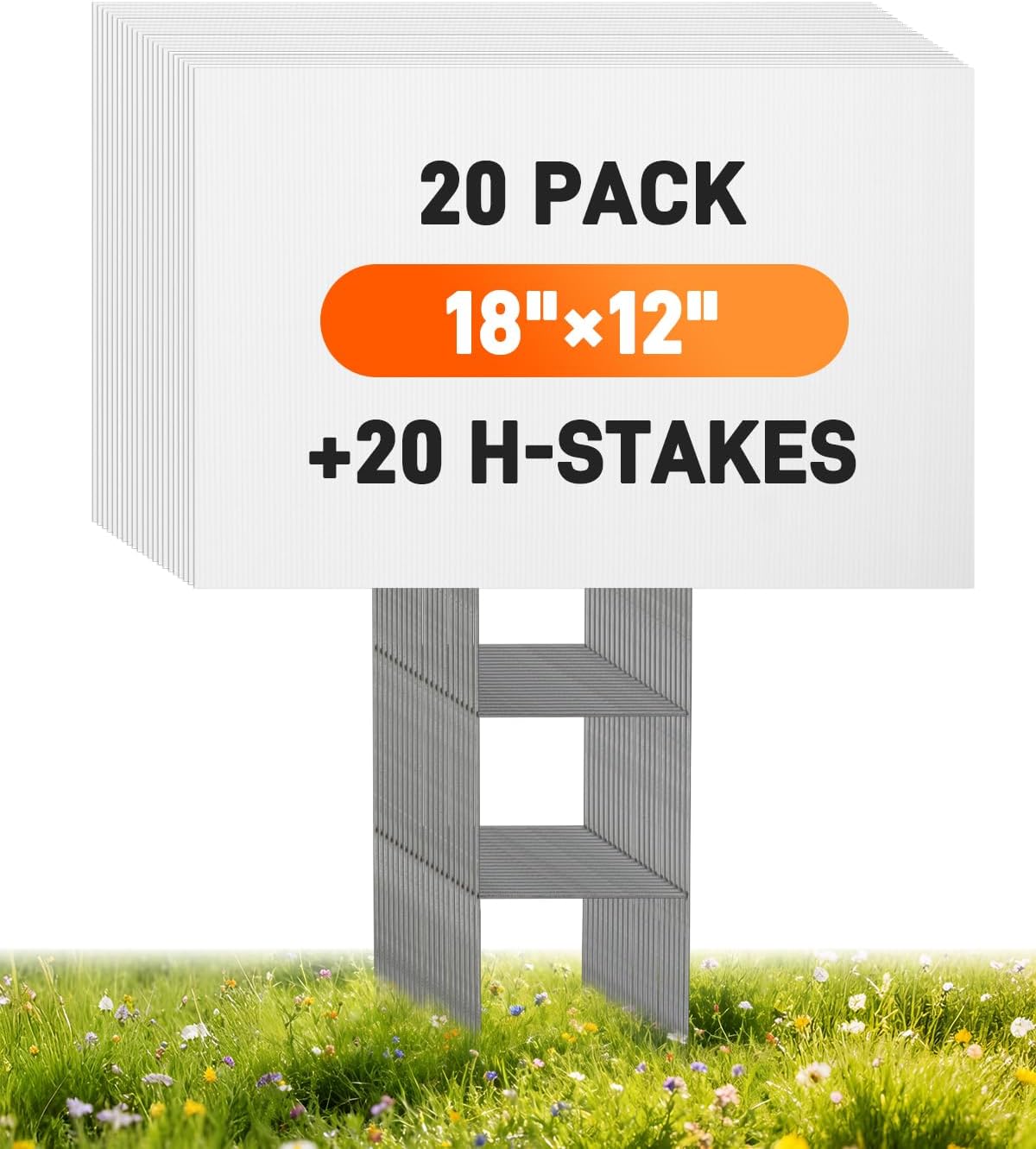 20 Pack Blank Yard Signs with Metal Stakes, 18 x 12 in 5mm Thick White Corrugated Plastic Board Lawn Signs for Garage Sale, Yard, Real Estate, Birthday, Sale, Open House, Rent