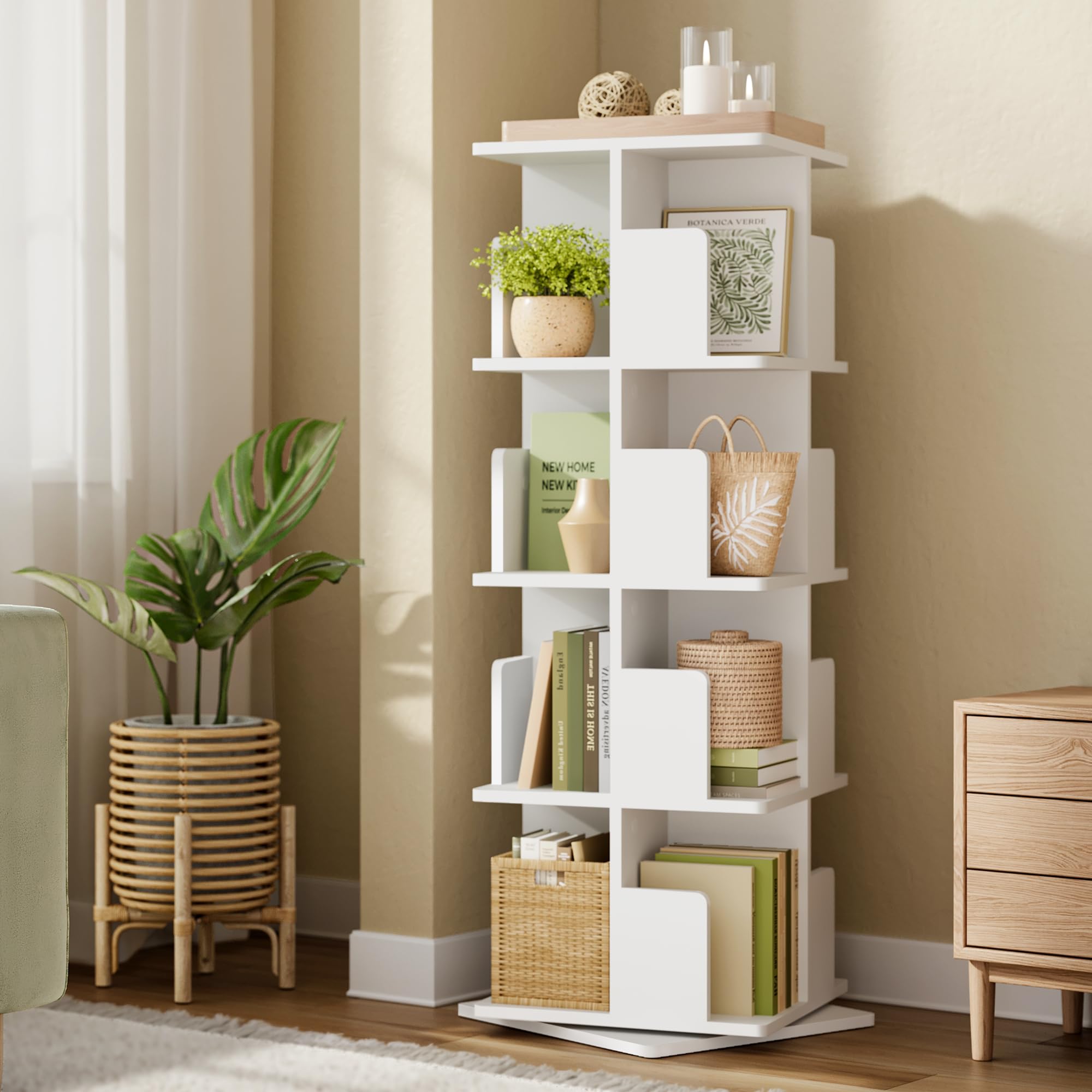 EUGAD drehbares Bücherregal Raumteiler 360° 4 Ebenen 16 Fächer MDF E1 Weiß 39,5x128x39,5cm