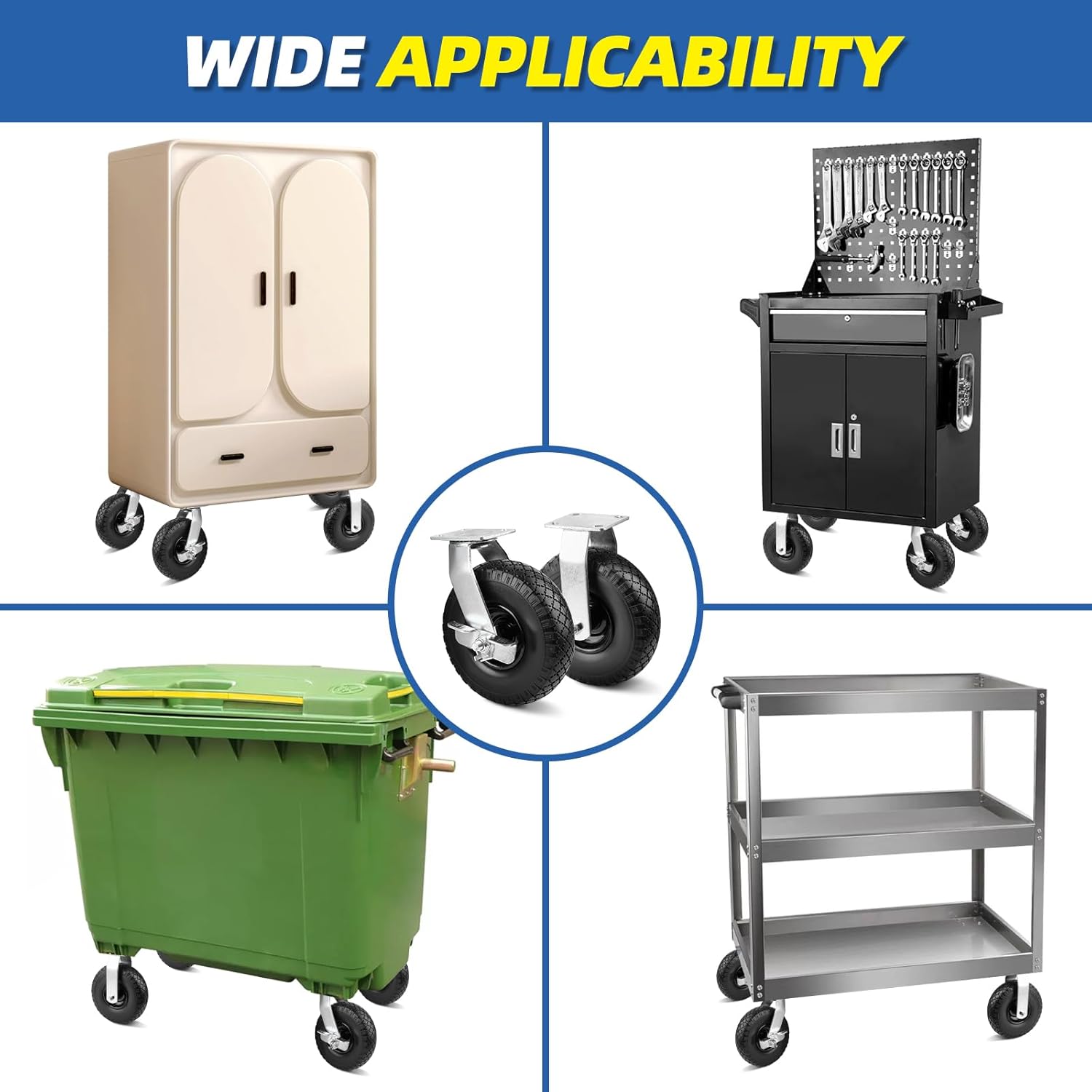 Caster - Flat Free Tire with Wheel Brakes (Pack of 4) – 2 Swivel – 2 Rigid – Industrial Grade - (8 Inch)