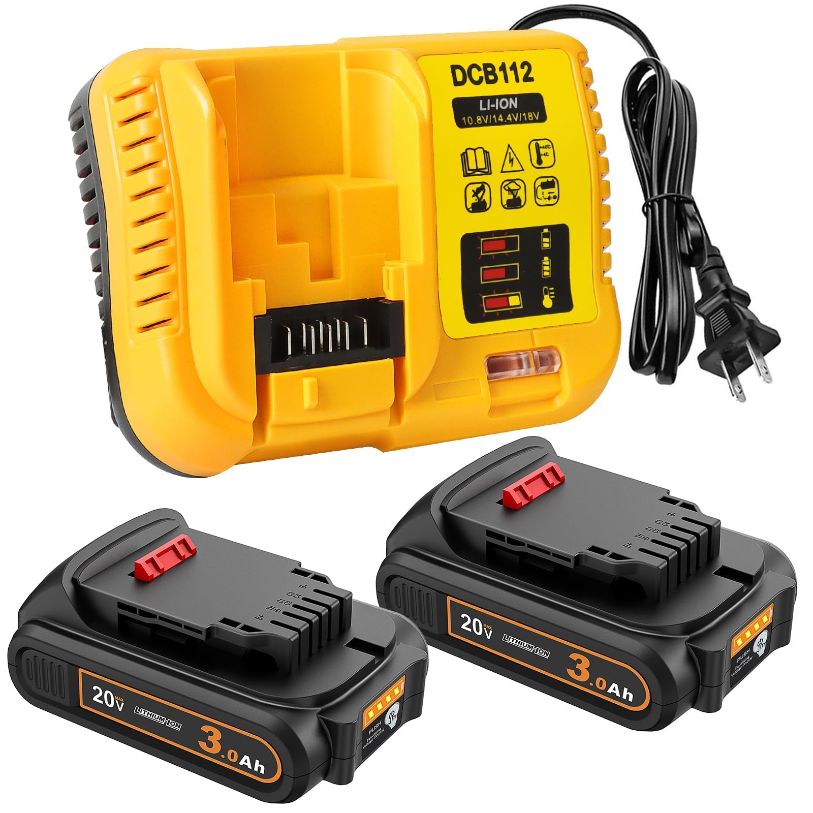 Paquete de 2 baterías de repuesto de 3.0 Ah para batería DeWalt de 20 V con estación de carga de batería DCB112 para DCB200 DCB120