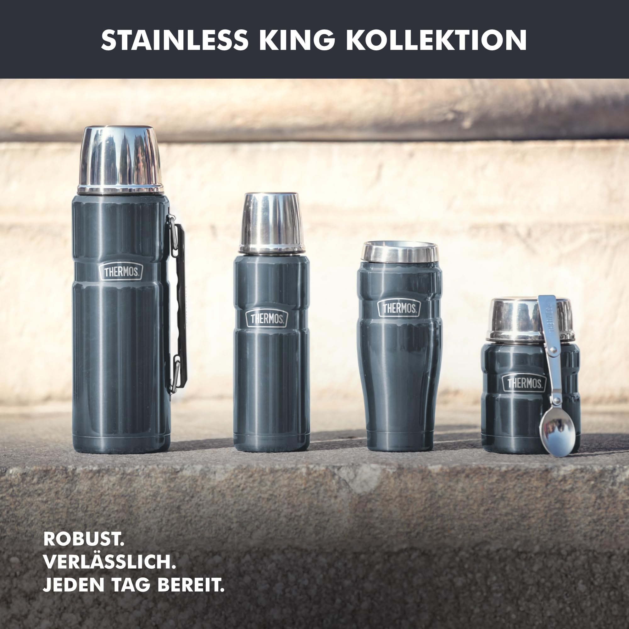 THERMOS STAINLESS KING Thermosflasche 1,20 l, 24 h heiß, charcoal black mat | 24 h kalt, mit Trinkbecher und Griff, absolut dicht, Edelstahl-Isolierflasche, spülmaschinenfest, schwarz matt