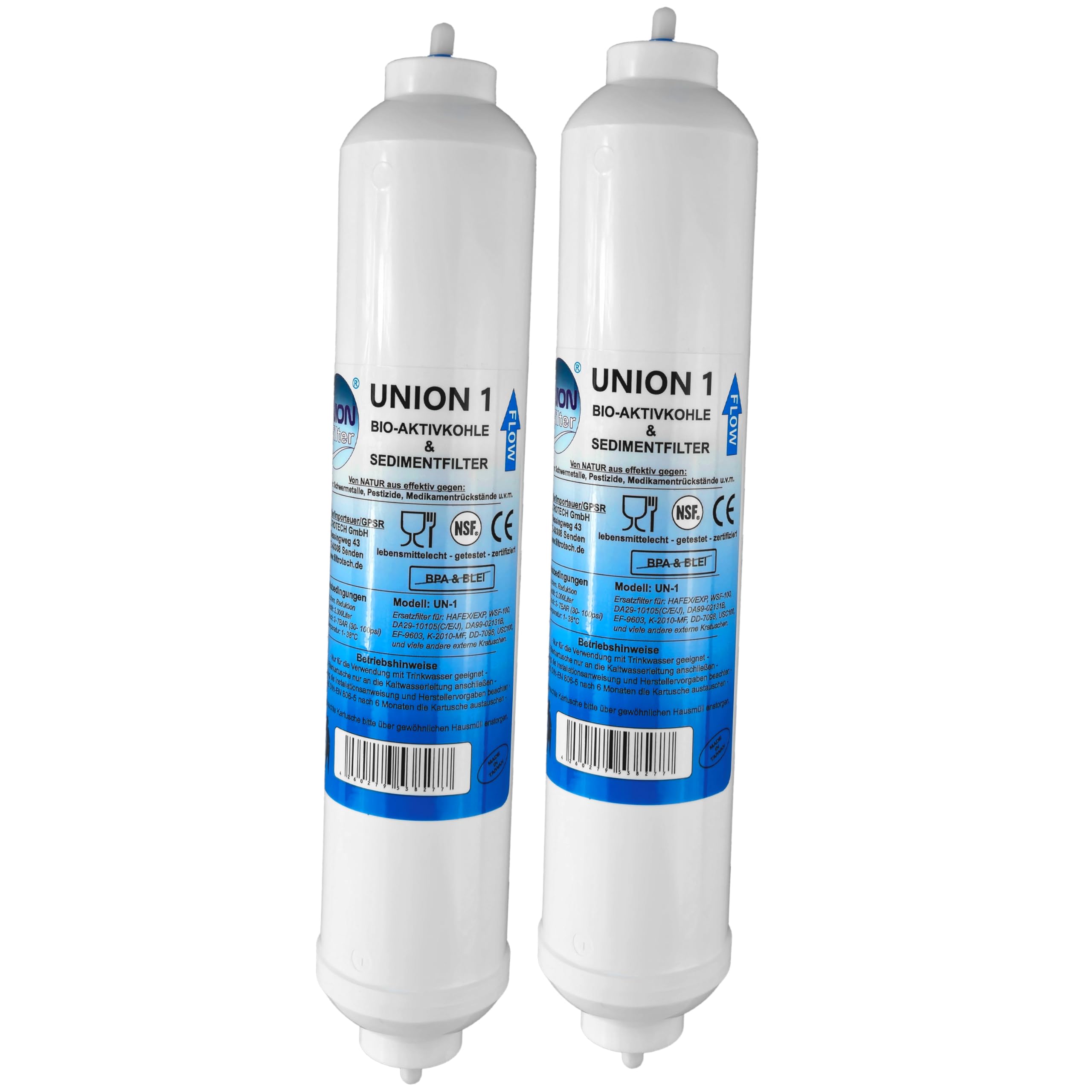 UN-2. Doppelpack Wasserfilter für Samsung, LG, Side by Side Kühlschrank Filter extern. Schlauchanschluss ist fest integriert.