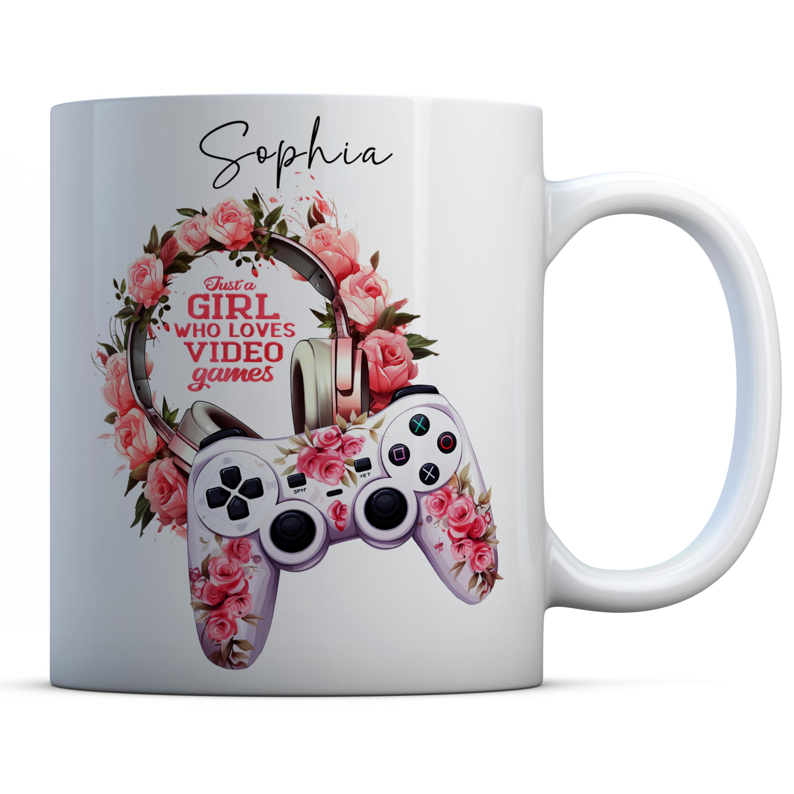 EasyInkPress - Personalised Gamer Girl Pink Roses Floral Coffee Mug, Gaming Girl Custom Name Cup, Girl Gamer Gift, Gaming Gift for Her, Gaming Legend Mug