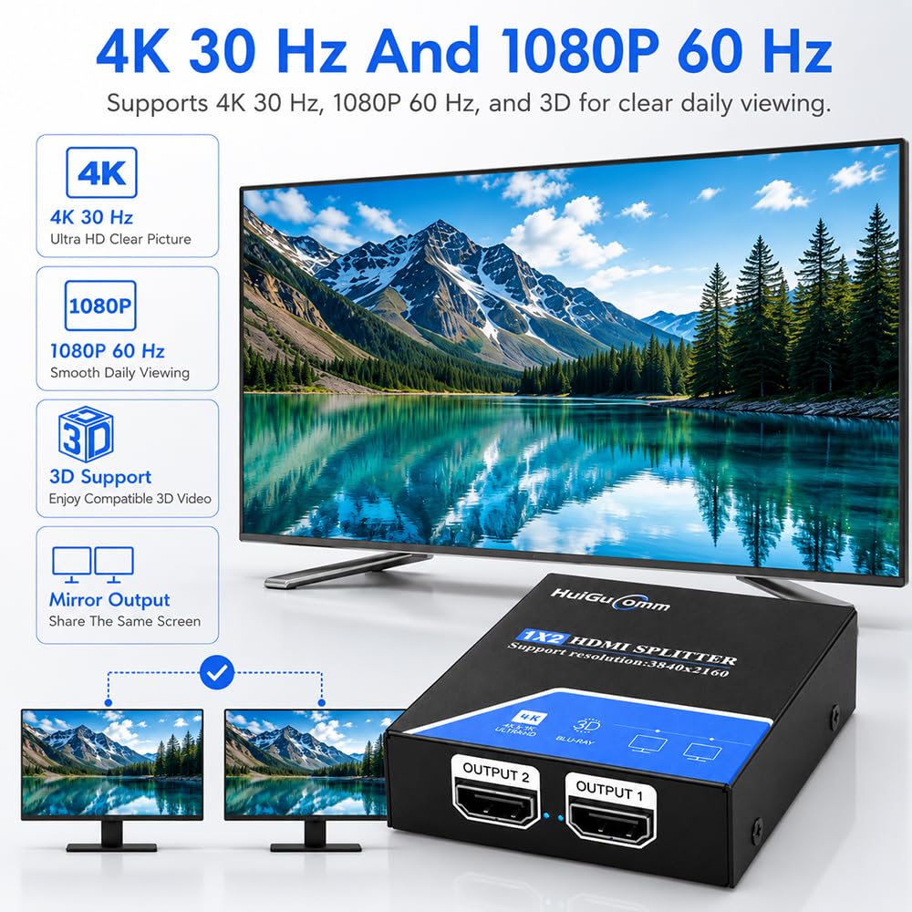 Répartiteur HDMI 1 en 2 sortie, 4K 30Hz 1080P 60Hz 1X2 Powered HDMI Splitter pour Double Moniteurs, Miroir Affichage Uniquement pour Ordinateur Portable PC TV Projecteur HDTV