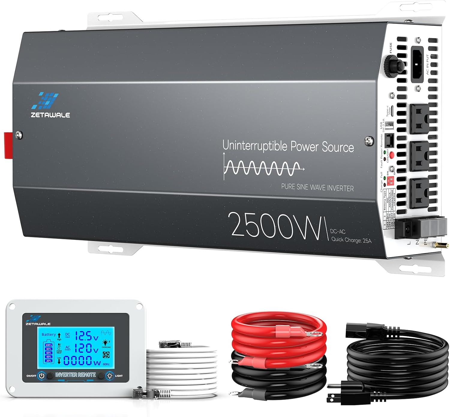 2500W Sump Pump Battery Backup System, Pure Sine Wave Power Inverter with Charger, Backup System for Power Outage, LCD Screen Remote Controller, Automatic Switching for Grid and Battery