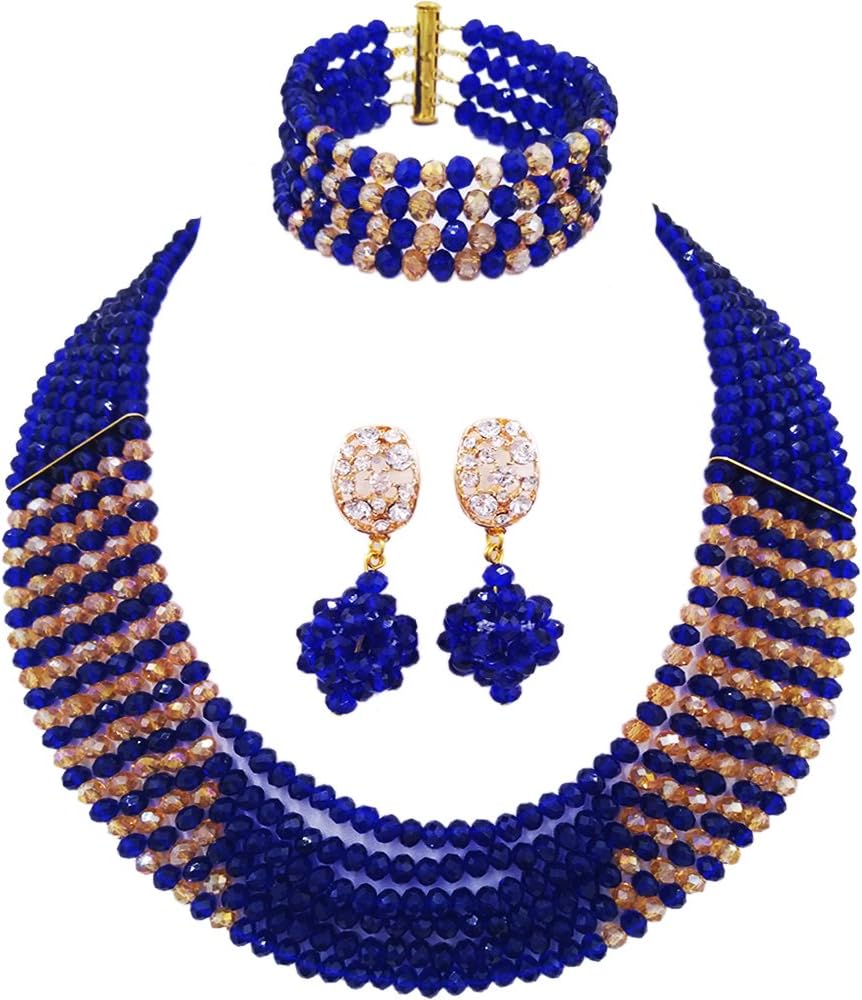 Nigerian African Beadslaanc Nigerian Wedding African Royal Blue And Gold Champagne Beads Bridal Jewelry Sets LCF033
